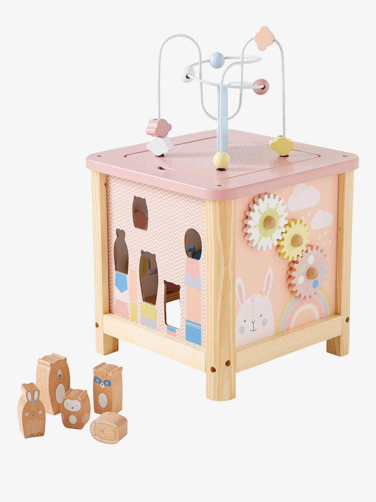 Pink wooden activity cube on sale