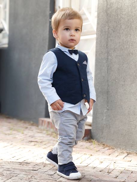 Occasion Wear Outfit : Waistcoat + Shirt + Bow Tie + Trousers, for Boys Dark Blue 