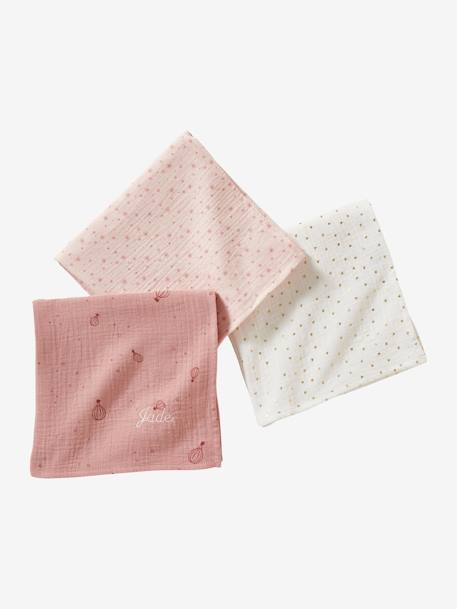 Pack of 3 Muslin Squares in Cotton Gauze Pink/Print 