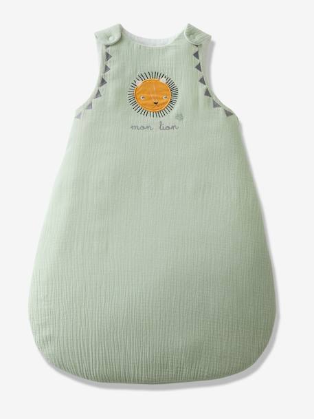 Sleeveless Baby Sleep Bag in Cotton Gauze, 'Mon Lion' Green 