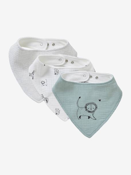 3 Bandana-Style Bibs in Cotton Gauze - white/print, Nursery