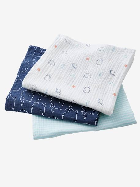 Pack of 3 Muslin Squares, Eau Salée Blue/Print 