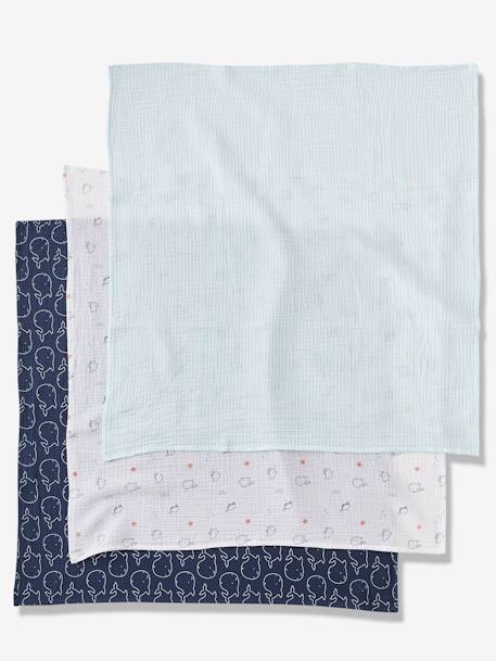 Pack of 3 Muslin Squares, Eau Salée Blue/Print 