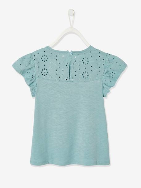 T-Shirt for Girls, with Broderie Anglaise and Ruffled Sleeves BLUE MEDIUM SOLID+coral+fuchsia+Light Green+mauve+White 