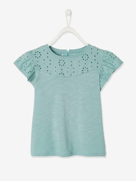 T-Shirt for Girls, with Broderie Anglaise and Ruffled Sleeves BLUE MEDIUM SOLID+coral+fuchsia+Light Green+mauve+White 