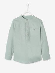 -Shirt in Linen/Cotton, Mandarin Collar, Long Sleeves, for Boys