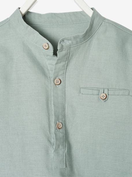 Shirt in Linen/Cotton, Mandarin Collar, Long Sleeves, for Boys BLUE BRIGHT SOLID+Green+sky blue+White 