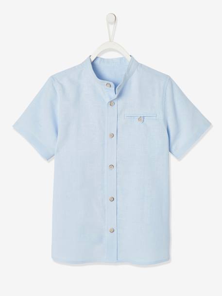 Short-Sleeved Shirt with Mandarin Collar in Cotton/Linen for Boys Light Blue+White 