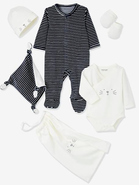 5-Piece Newborn Kit & Striped Bag, Cat Dark Blue 