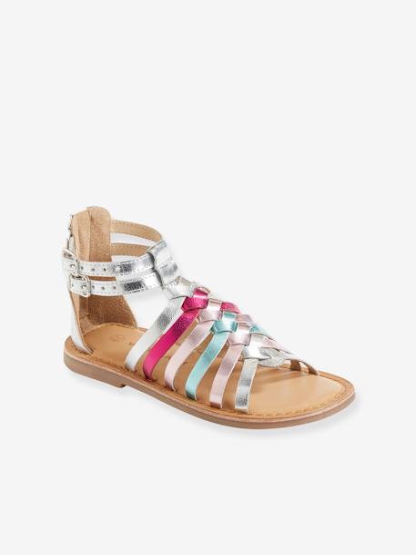 Spartan Style Leather Sandals for Girls Black+Gold+Silver 