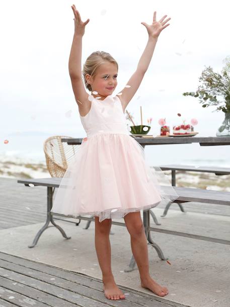 Girls' Sateen & Tulle Occasion Dress BLUE LIGHT SOLID+Light Pink+White 