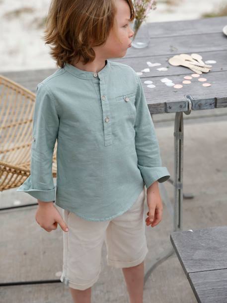 Shirt in Linen/Cotton, Mandarin Collar, Long Sleeves, for Boys BLUE BRIGHT SOLID+Green+sky blue+White 