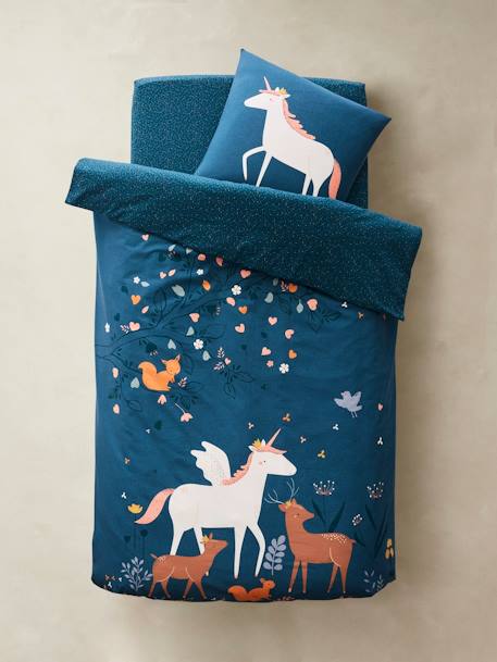 Duvet Cover + Pillowcase Set for Children, Forêt Enchantée Theme Blue 