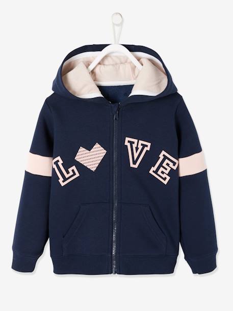 'Love' Zipped Sports Jacket with Hood for Girls Dark Blue+Light Pink 