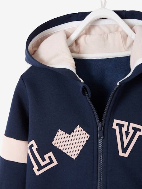 'Love' Zipped Sports Jacket with Hood for Girls Dark Blue+Light Pink 