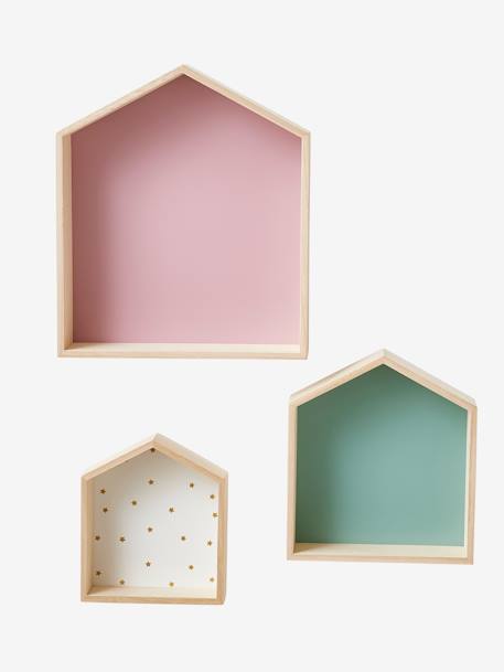 Set of 3 House-Shaped Shelves aqua green+Blue+Light Blue+Pink 