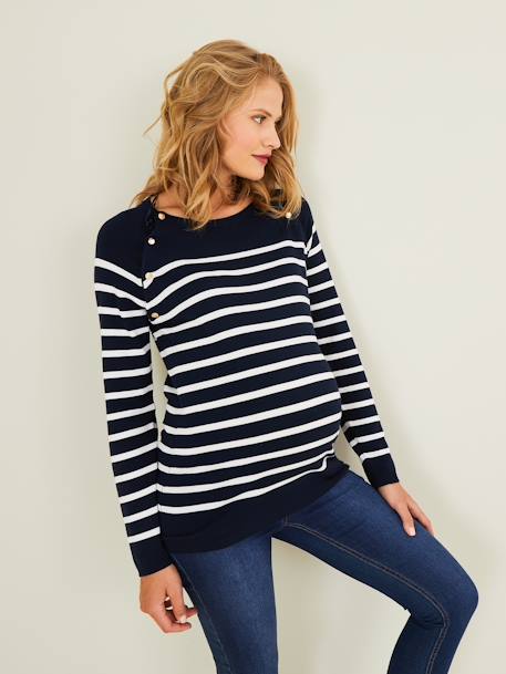 Sailor-Type Top, Maternity & Nursing Special Dark Blue Stripes+White Stripes 