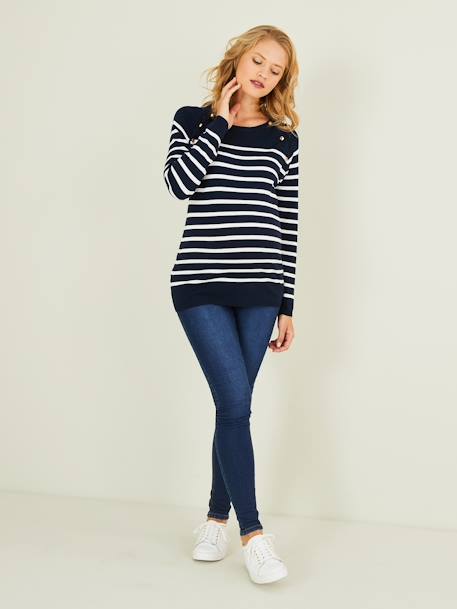 Sailor-Type Top, Maternity & Nursing Special Dark Blue Stripes+White Stripes 