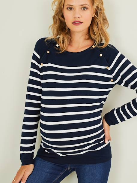 Sailor-Type Top, Maternity & Nursing Special Dark Blue Stripes+White Stripes 