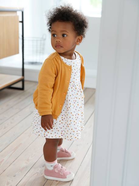 3-Piece Outfit: Dress + Cardigan + Headband for Baby Girls coral+White/Print 