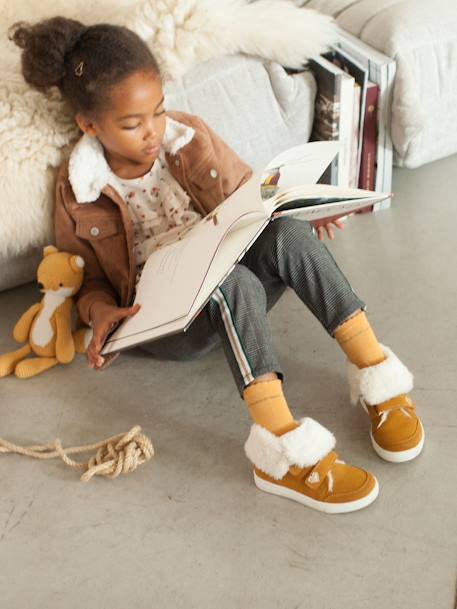 Convertible Fur-Lined Leather Boots, for Girls Camel 