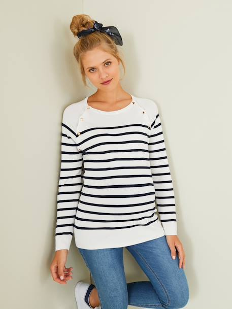 Sailor-Type Top, Maternity & Nursing Special Dark Blue Stripes+White Stripes 