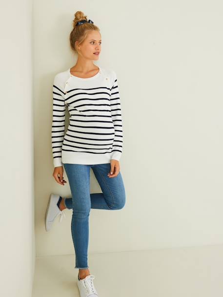 Sailor-Type Top, Maternity & Nursing Special Dark Blue Stripes+White Stripes 