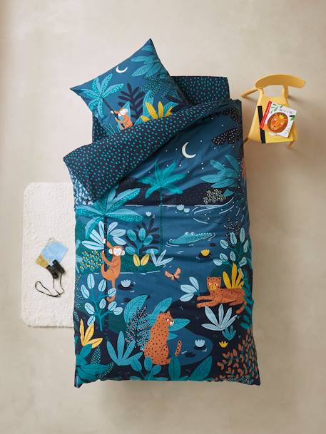 Children's Duvet Cover + Pillowcase Set, JUNGLE NIGHT Dark Blue 