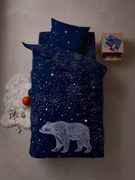 Duvet Cover + Pillowcase Set for Children, Glow-in-the-Dark Details, POLAR BEAR Dark Blue 