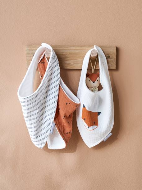 3 Bandana-Style Bibs in Cotton Gauze Brown+crystal blue+Light Green+old rose+sage green+White/Print 