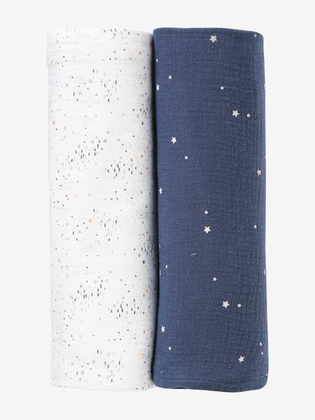 Pack of 2 Swaddle Cloths Dark Blue/Print+Light Pink 