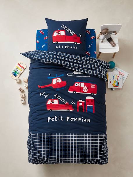 Duvet Cover + Pillowcase Set for Children, 'Petit Pompier' Theme Dark Blue 