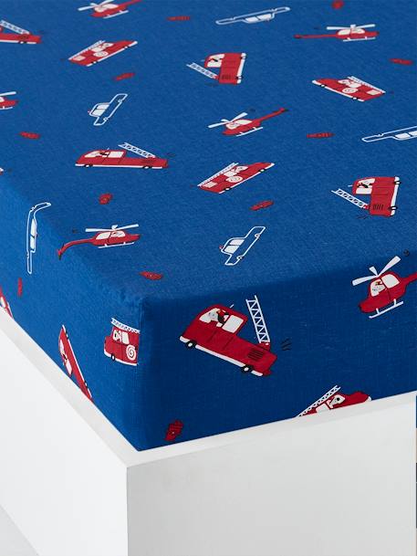 Fitted Sheet for Children, 'Petit Pompier' Theme Blue/Print 