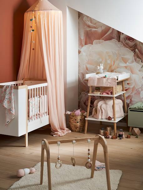 Bed Canopy in Cotton Gauze, EAU DE ROSE Theme Light Pink+sage green+sand beige 