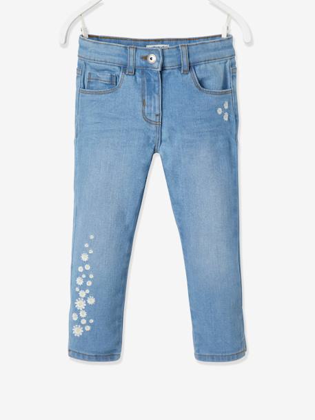 Cropped Denim Trousers with Embroidered Flowers, for Girls Light Denim Blue 