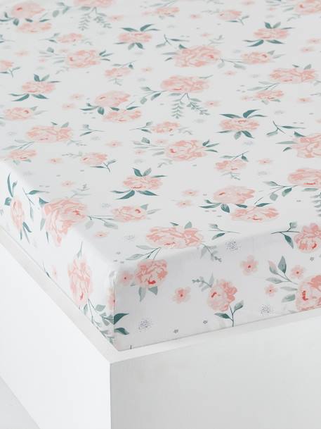 Fitted Sheet for Babies, EAU DE ROSE Theme White/Print 