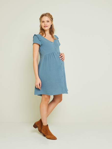 Cotton Gauze Dress, Maternity & Nursing Special caramel+denim blue+Sage+white 