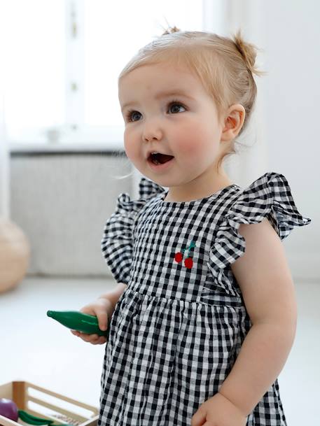 Sleeveless Gingham Dress, for Babies Dark Blue Checks+grey green 