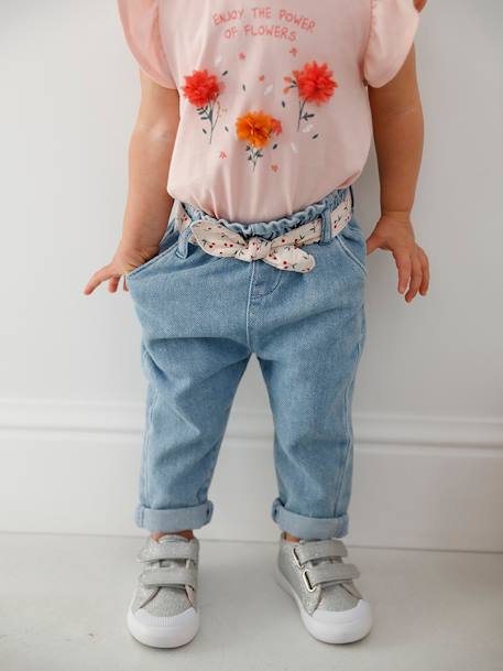 Jeans with Fabric Belt, for Babies Light Denim Blue 