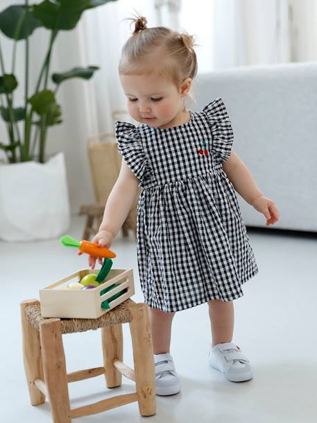 Sleeveless Gingham Dress, for Babies Dark Blue Checks+grey green 