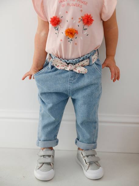 Jeans with Fabric Belt, for Babies Light Denim Blue 