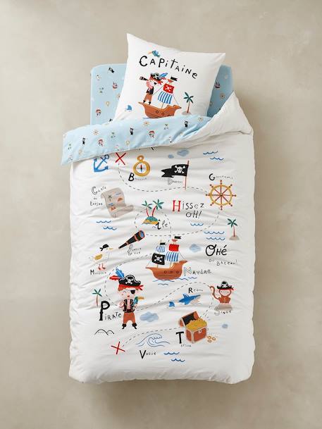 Children's Duvet Cover + Pillowcase Set, P for Pirate Theme White 