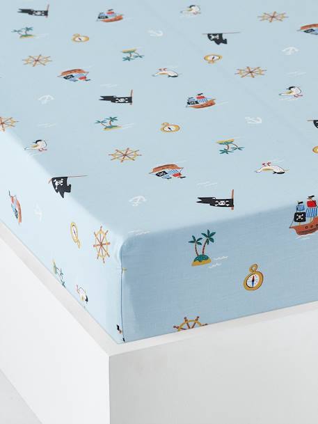 Fitted Sheet for Children, P for Pirate Theme Blue/Print 