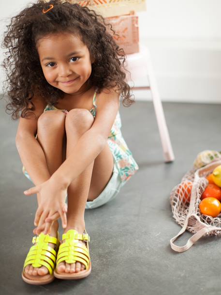 Leather Sandals with Straps, for Girls Bright Yellow+set brown 