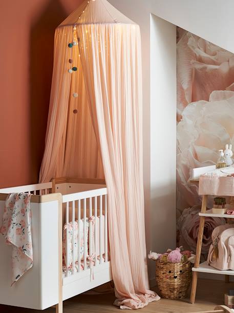 Bed Canopy in Cotton Gauze, EAU DE ROSE Theme Light Pink+sage green+sand beige 