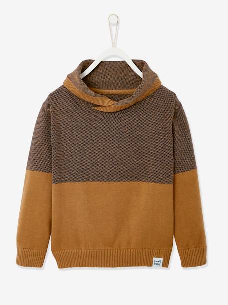 Jumper with Iridescent Neck, in Fancy Colourblock Knit, for Boys Brown+Dark Blue+navy blue 