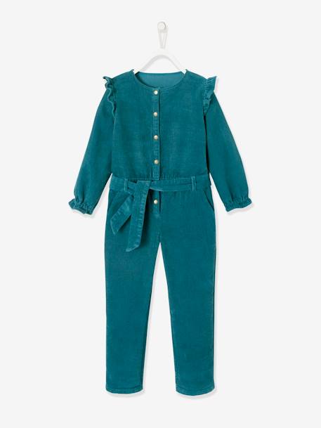 Corduroy Jumpsuit with Ruffles, for Girls Dark Green 