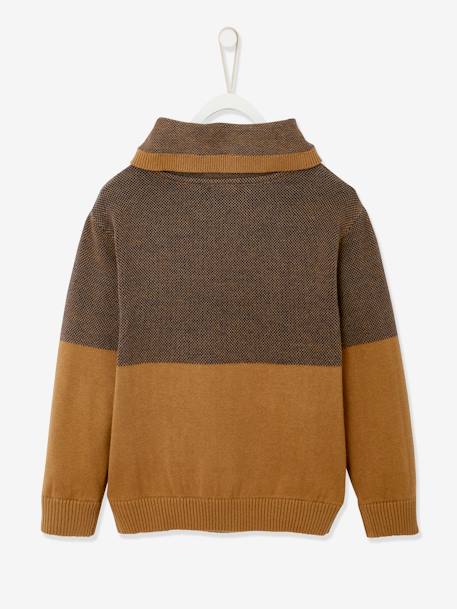 Jumper with Iridescent Neck, in Fancy Colourblock Knit, for Boys Brown+Dark Blue+navy blue 