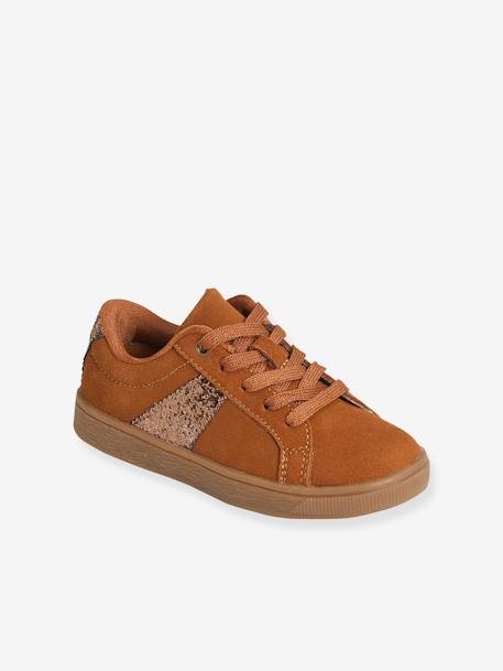 Leather Trainers with Laces & Zip, for Girls Brown 