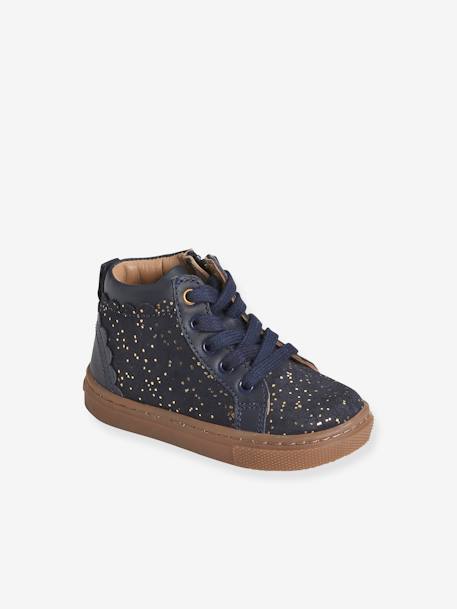 Leather High-Top Trainers with Laces, for Baby Girls Dark Blue 